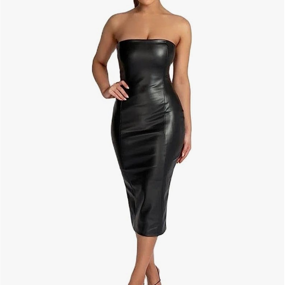 Strapless faux leather dress